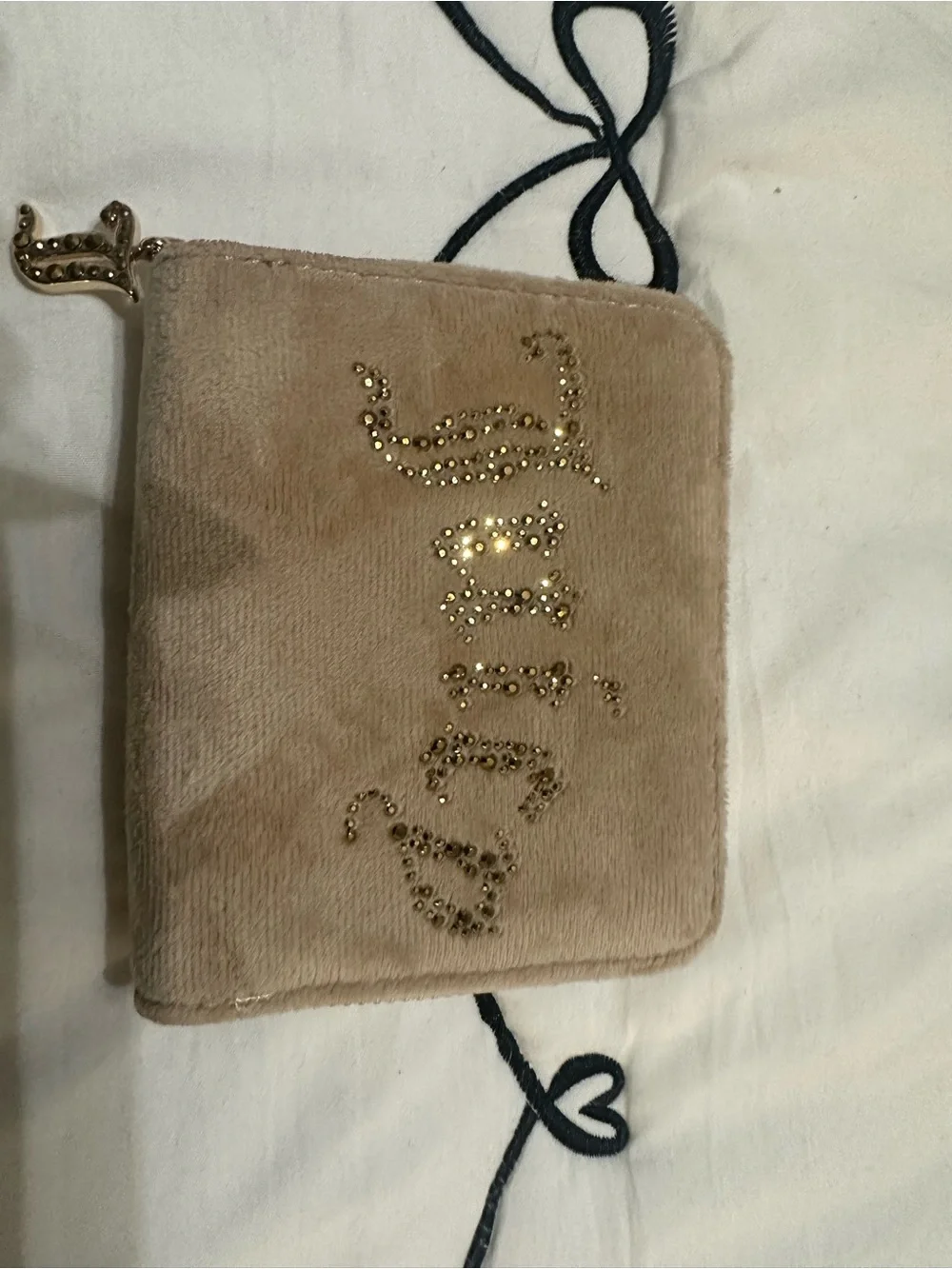 Juicy Couture Tan Velvet Rhinestone Logo Zip Wallet